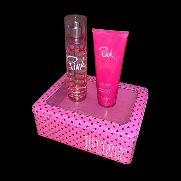 Victoria's Secret Pink Sheer Body Lotion and Mist Set - Pink Polka Dot Tin Y2k - Picture 1 of 4